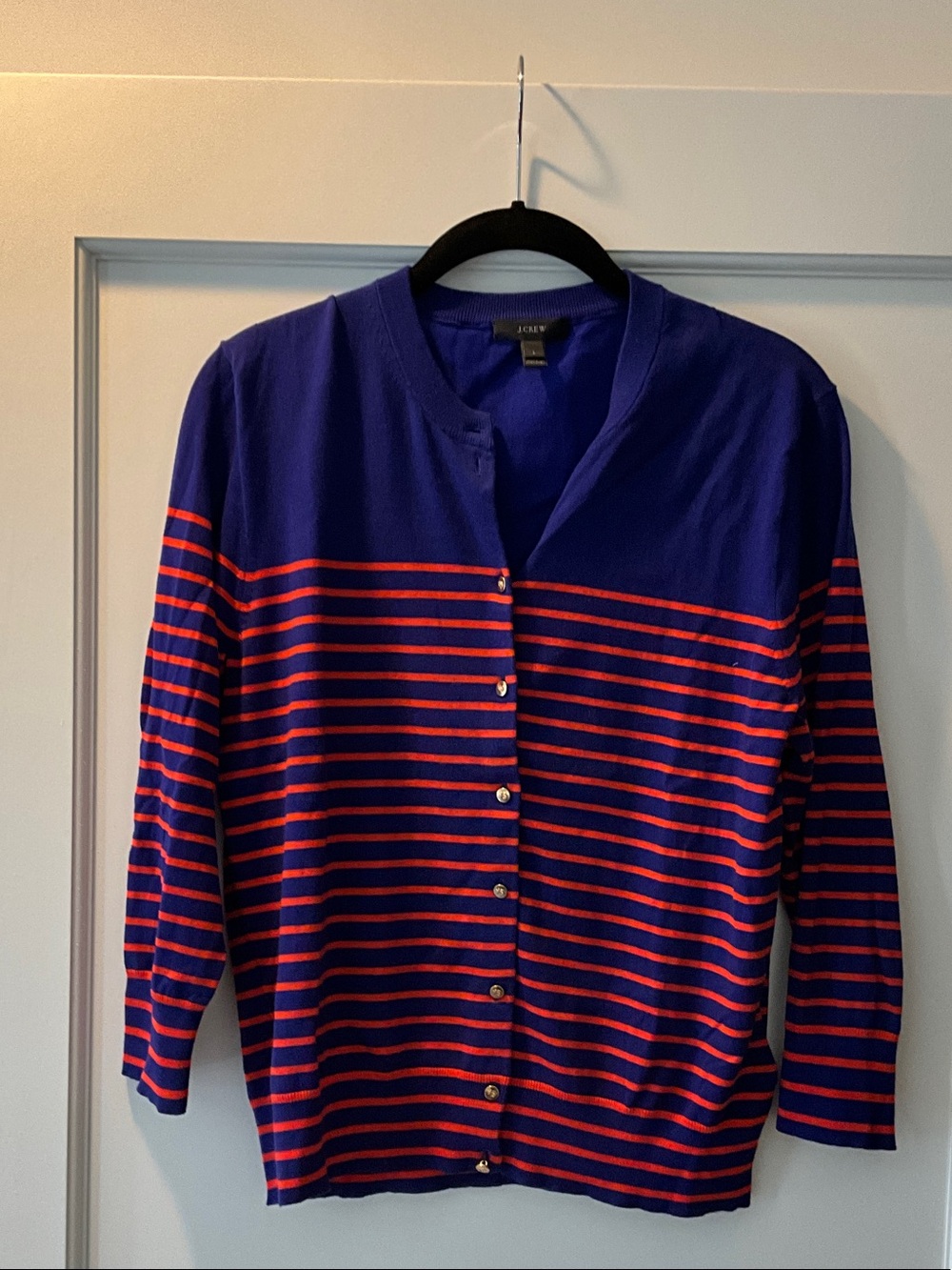 J. Crew Purple and Red Striped Button Cardigan